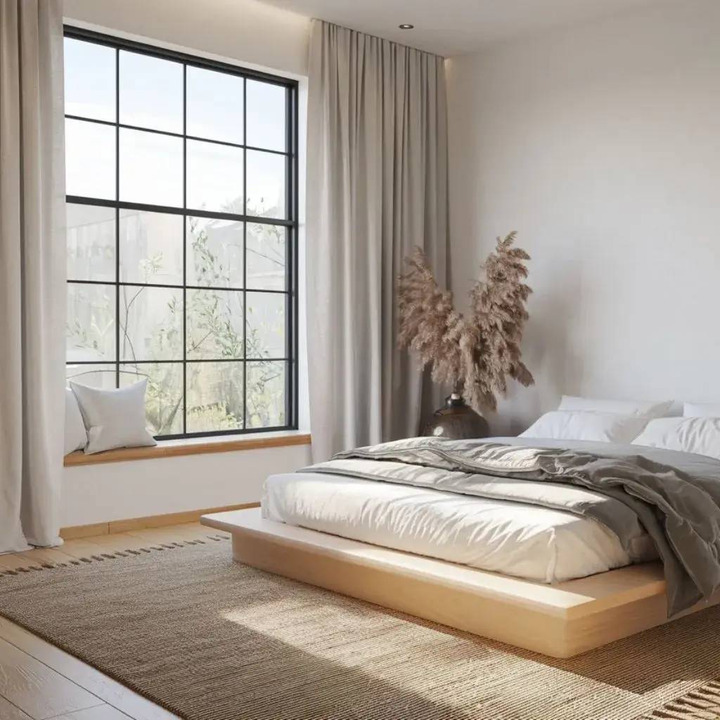 Une chambre minimaliste et lumineuse avec un grand lit plateforme, des rideaux beiges, et des plantes décoratives près de la fenêtre.
