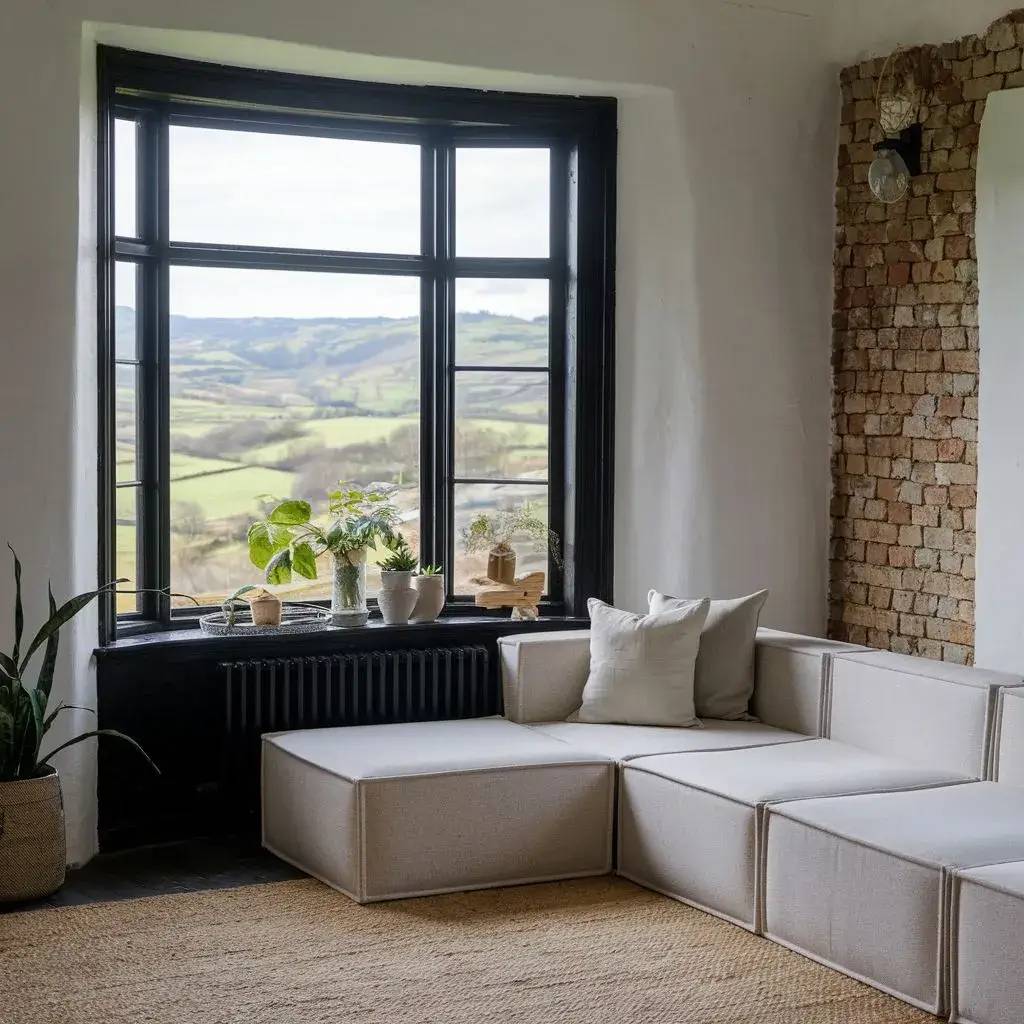 Un salon lumineux avec un canapé moderne beige, des plantes, et une grande fenêtre offrant une vue panoramique sur la campagne vallonnée.