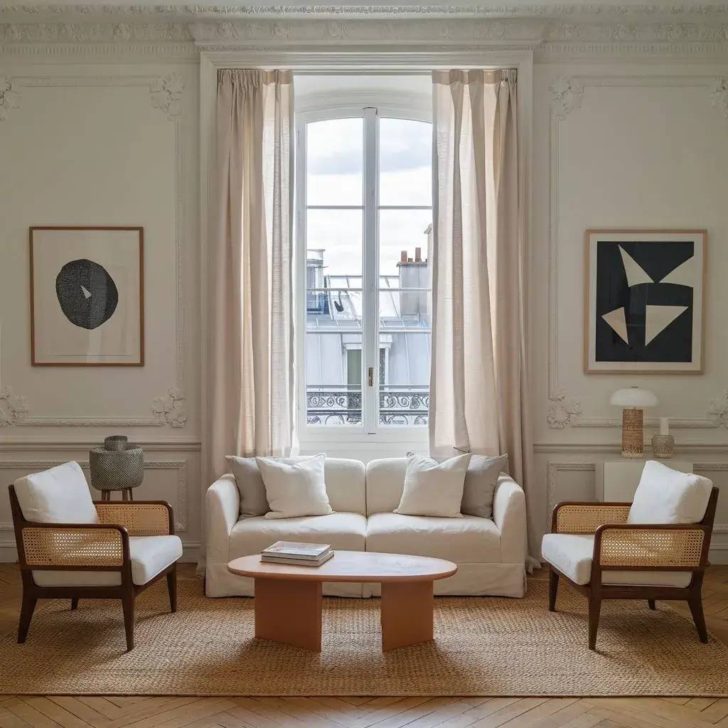 Un salon élégant avec un canapé blanc, deux fauteuils en bois et rotin, et une table basse en bois, baigné de lumière naturelle par