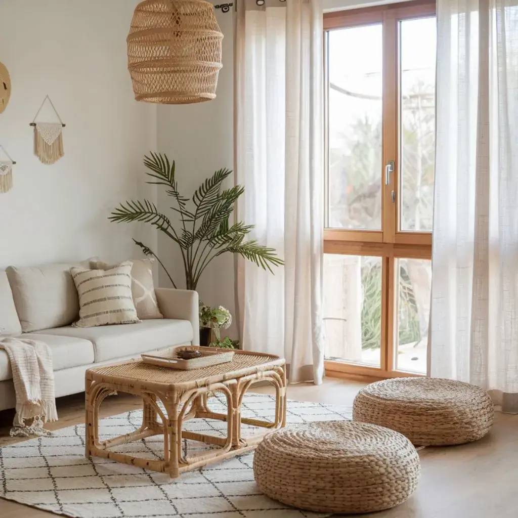 Un salon lumineux aux tons naturels, avec un canapé beige, une table en rotin et des coussins en osier, offre une ambiance chaleureuse