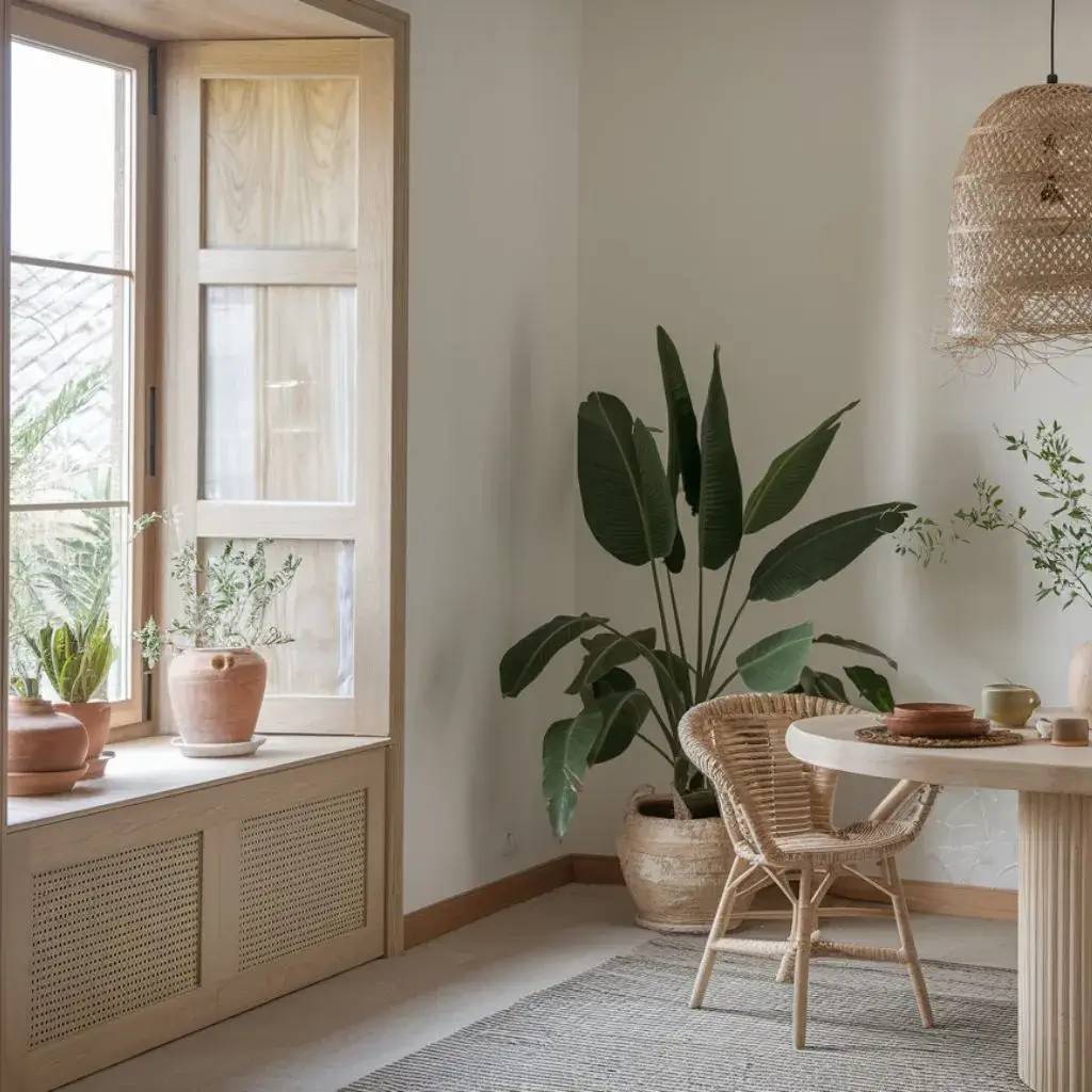Un intérieur lumineux et apaisant avec des plantes vertes, des meubles en rotin et une grande fenêtre en bois.