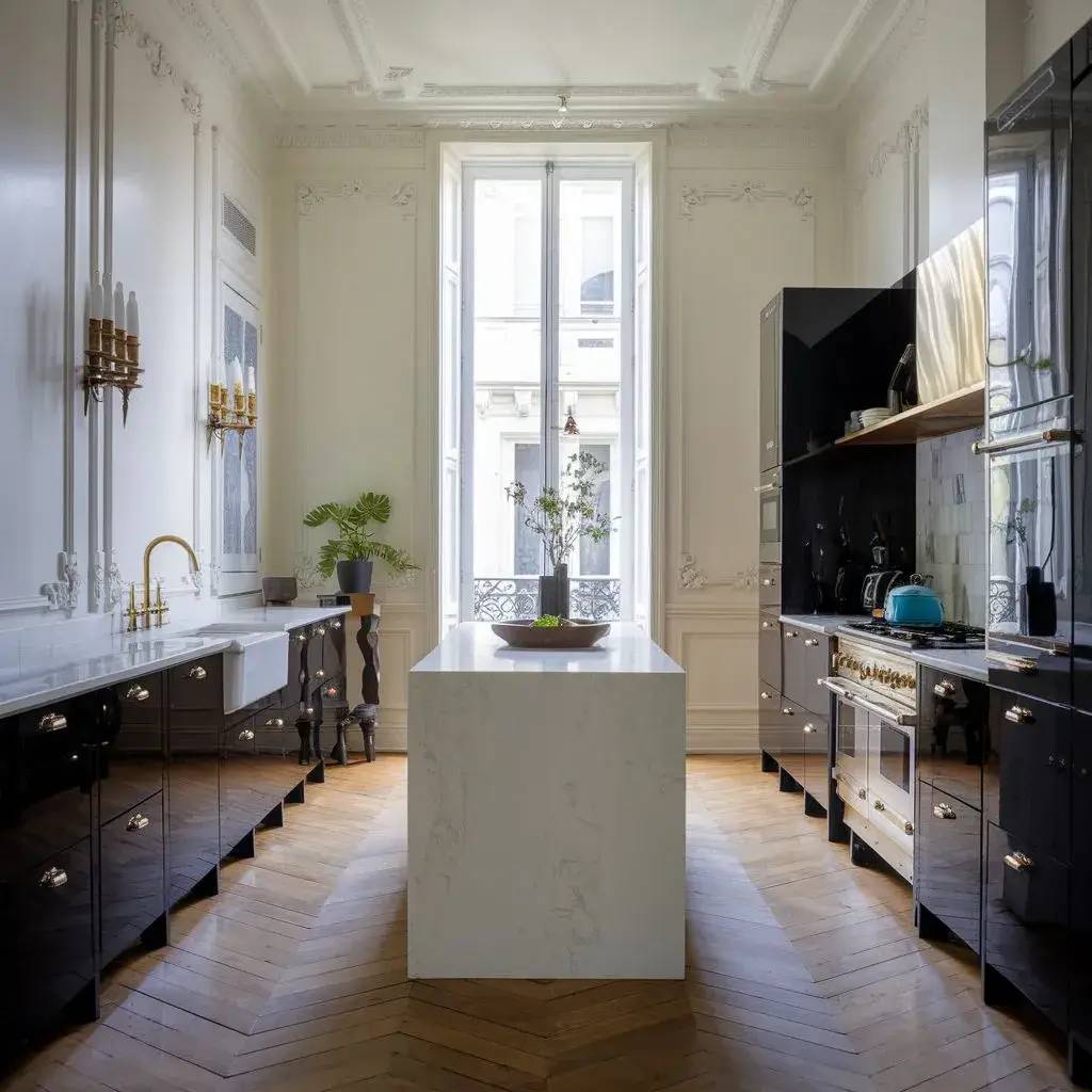 Cuisine élégante et lumineuse avec un design classique, des armoires noires brillantes et un îlot central en marbre.