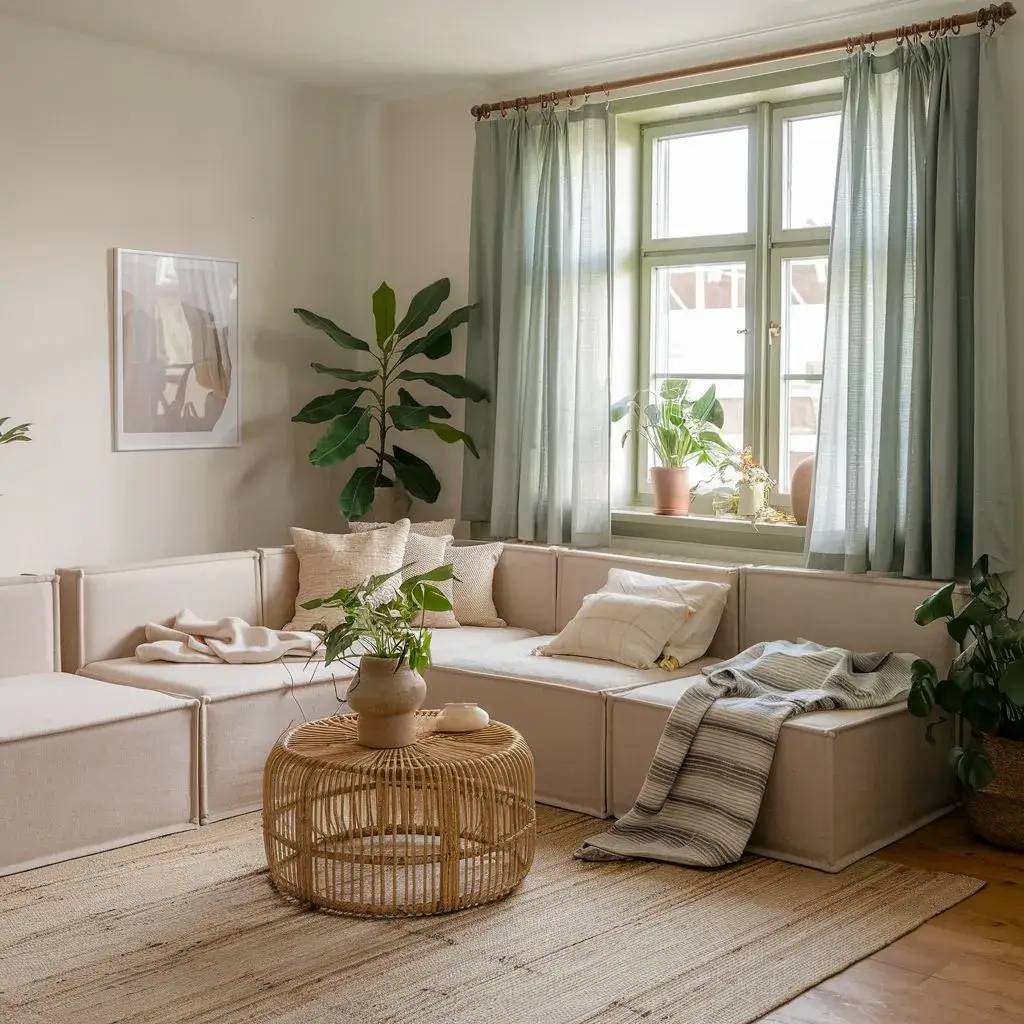 Un salon lumineux et chaleureux avec un canapé beige, des coussins assortis, des plantes vertes, et une table basse en rotin.