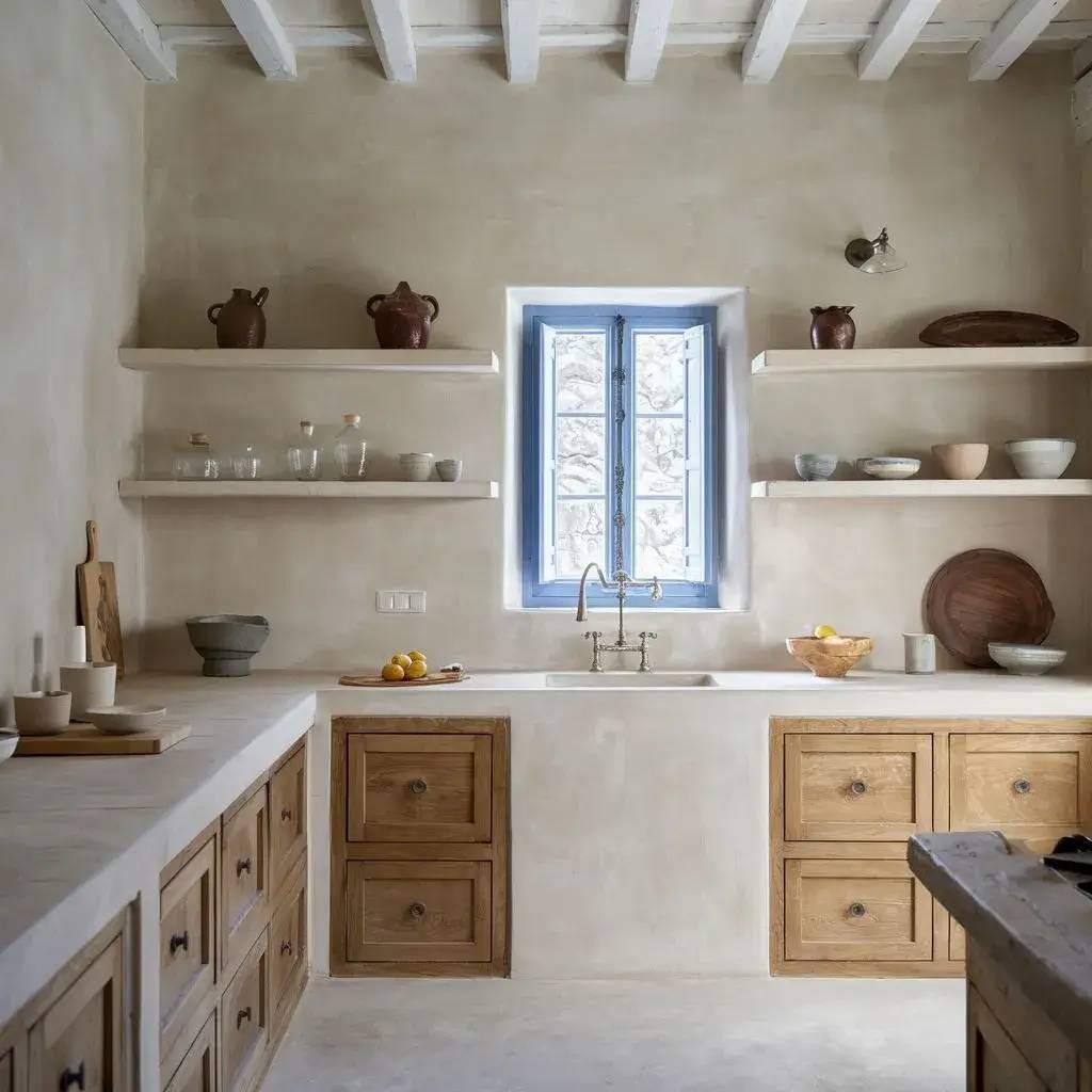 Cette image montre une cuisine au style rustique avec des étagères ouvertes, une fenêtre à cadre bleu et des accents en bois clair.