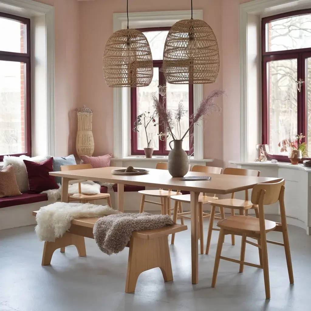 Une salle à manger lumineuse et moderne avec un mobilier en bois clair, des accents bohèmes, et de grandes fenêtres encadrées de rouge.