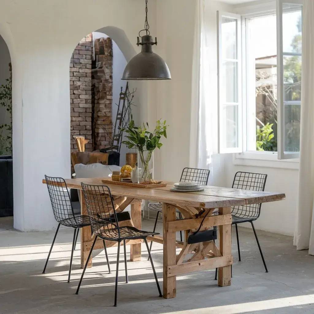 Salle à manger lumineuse avec une table en bois rustique, chaises en métal noir et décoration végétale.