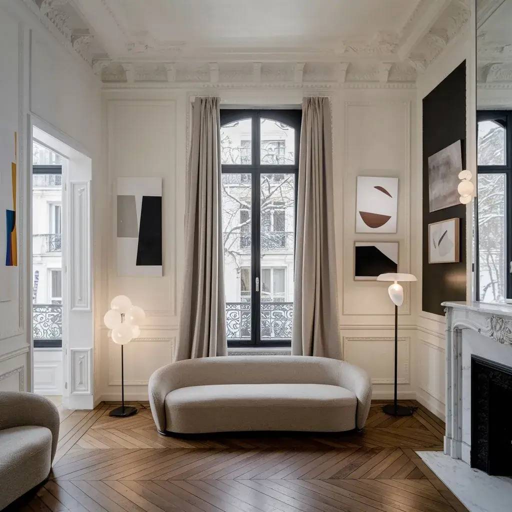 Un salon élégant avec du parquet en bois, deux canapés modernes, un éclairage design, et des œuvres d'art minimalistes sur des murs
