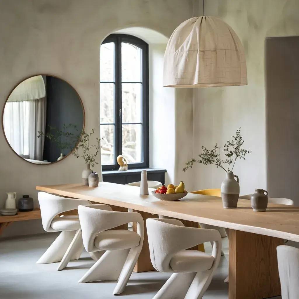 Une salle à manger moderne et élégante avec des chaises design blanches autour d'une table en bois, éclairée par un grand luminaire suspend