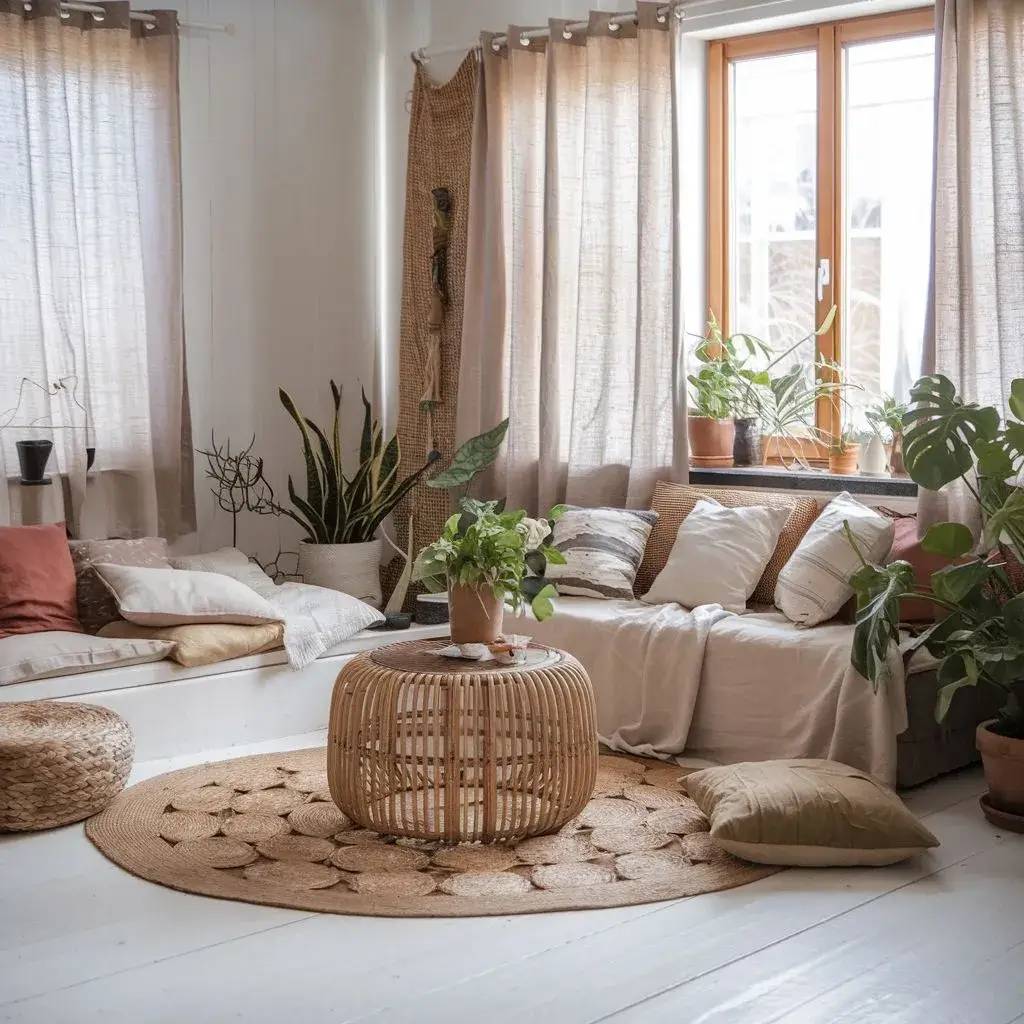 Un salon chaleureux et lumineux au style bohème, avec des plantes d'intérieur, des coussins confortables, et un mobilier en rotin naturel.