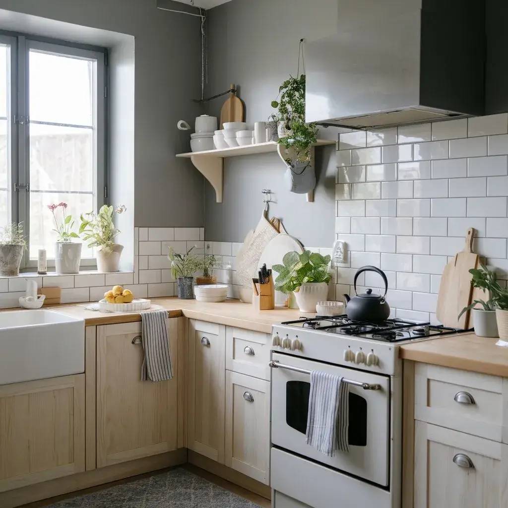 Cette cuisine lumineuse et moderne présente des armoires en bois clair, un plan de travail en bois, des carreaux de métro blancs et des plantes