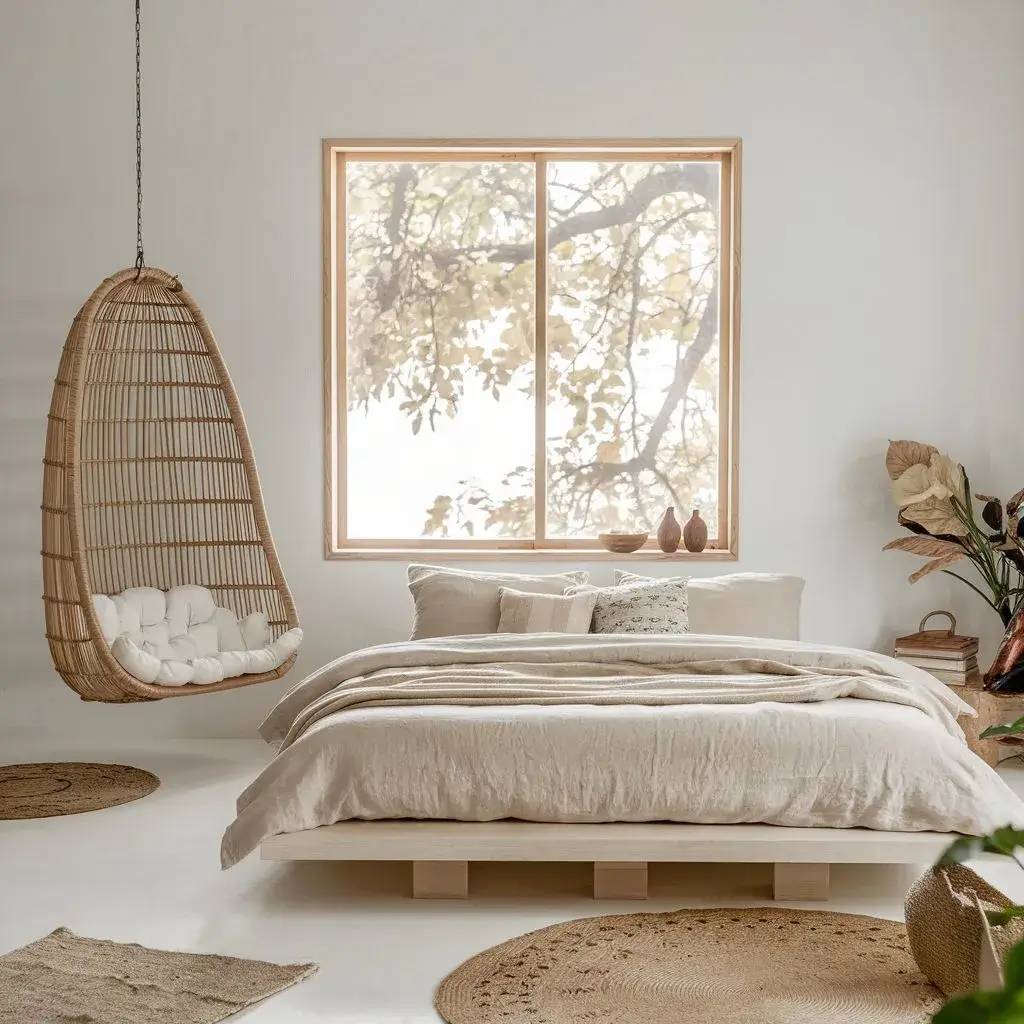 Une chambre lumineuse et minimaliste avec un lit beige, un fauteuil suspendu en osier et des éléments décoratifs naturels.