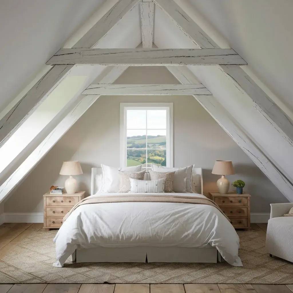 Chambre sous les combles avec un lit douillet, poutres apparentes et fenêtre offrant une vue sur la campagne.