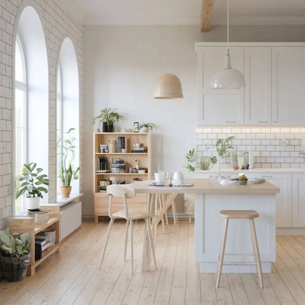 Une cuisine moderne et lumineuse avec des éléments en bois clair, un ilot central, et des plantes vertes pour une touche naturelle.