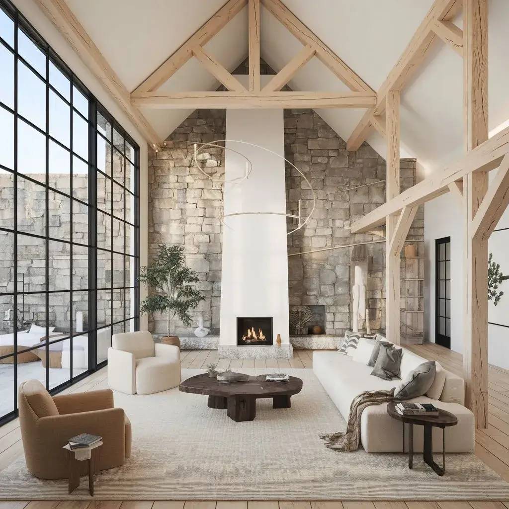 Salon moderne et chaleureux avec une cheminée, des poutres apparentes et de grandes fenêtres donnant sur un mur de pierre.