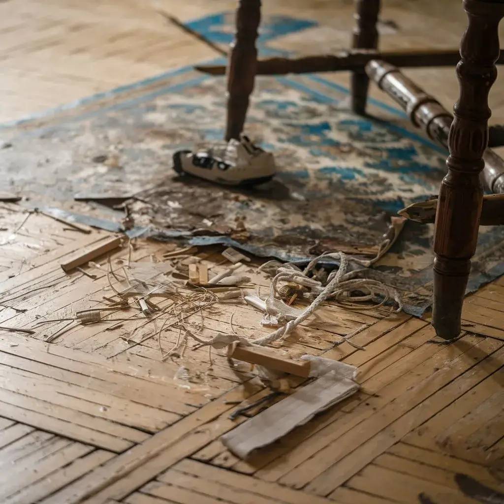 Un vieux plancher en bois est partiellement couvert de débris et d'une chaussure de bébé abandonnée, évoquant une scène de désordre