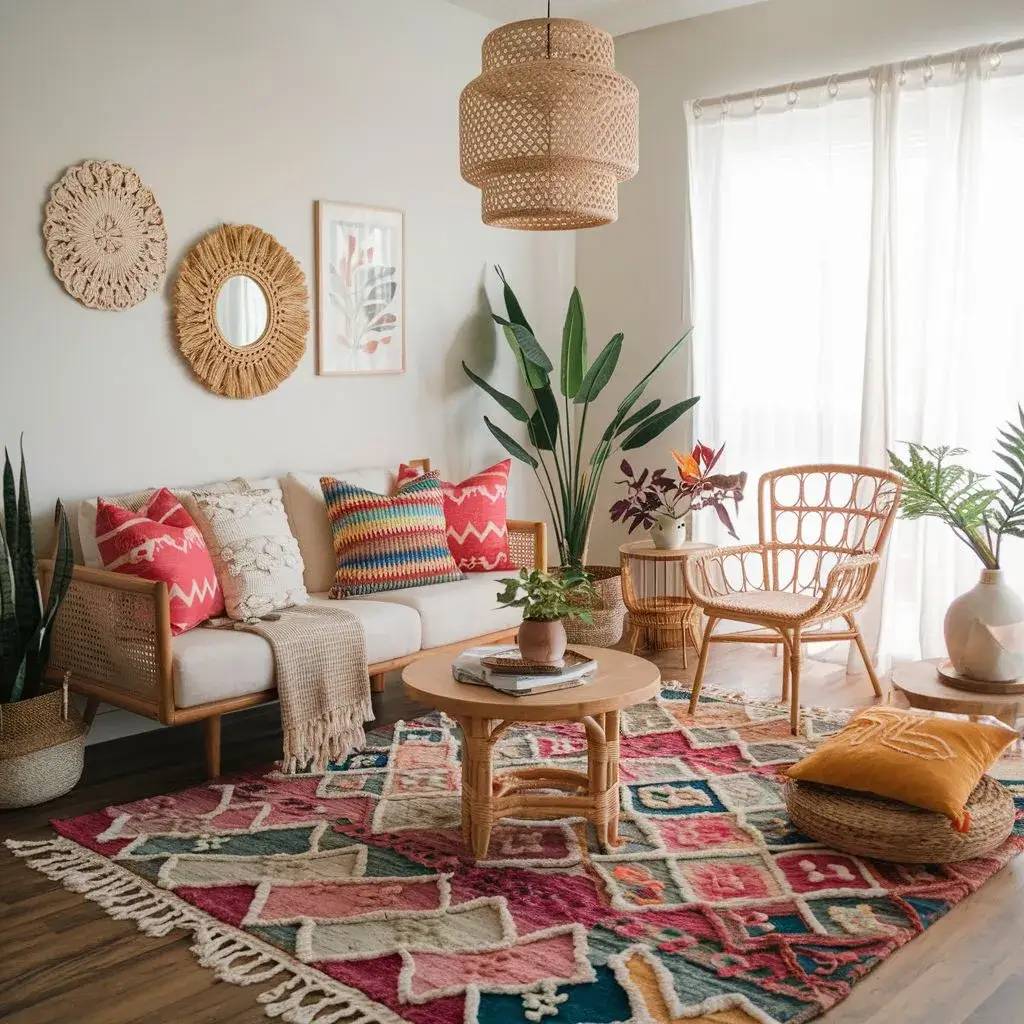 Un salon lumineux et bohème avec des meubles en rotin, des plantes vertes et un tapis coloré.