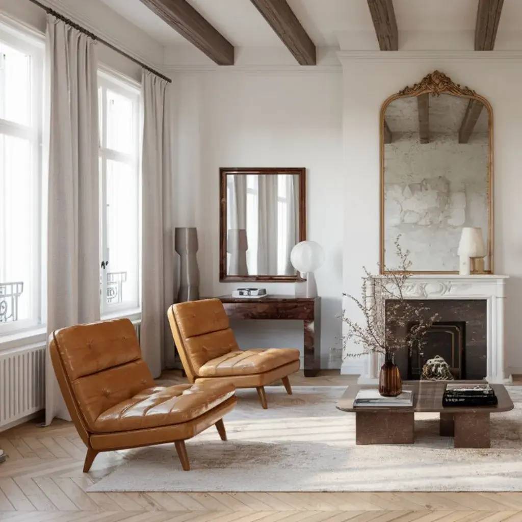 Un salon élégant avec un décor moderne, comprenant des fauteuils en cuir caramel, une cheminée ornée d'un grand miroir doré, et des pout