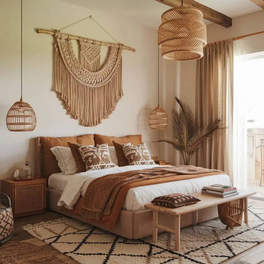 Une chambre chaleureuse au design bohème avec des éléments en fibres naturelles et des teintes terreuses.
