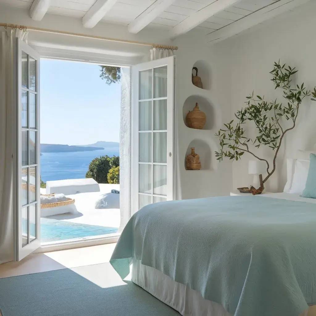 Chambre lumineuse et élégante avec vue sur la mer Méditerranée à travers des portes vitrées, décorée de tons apaisants