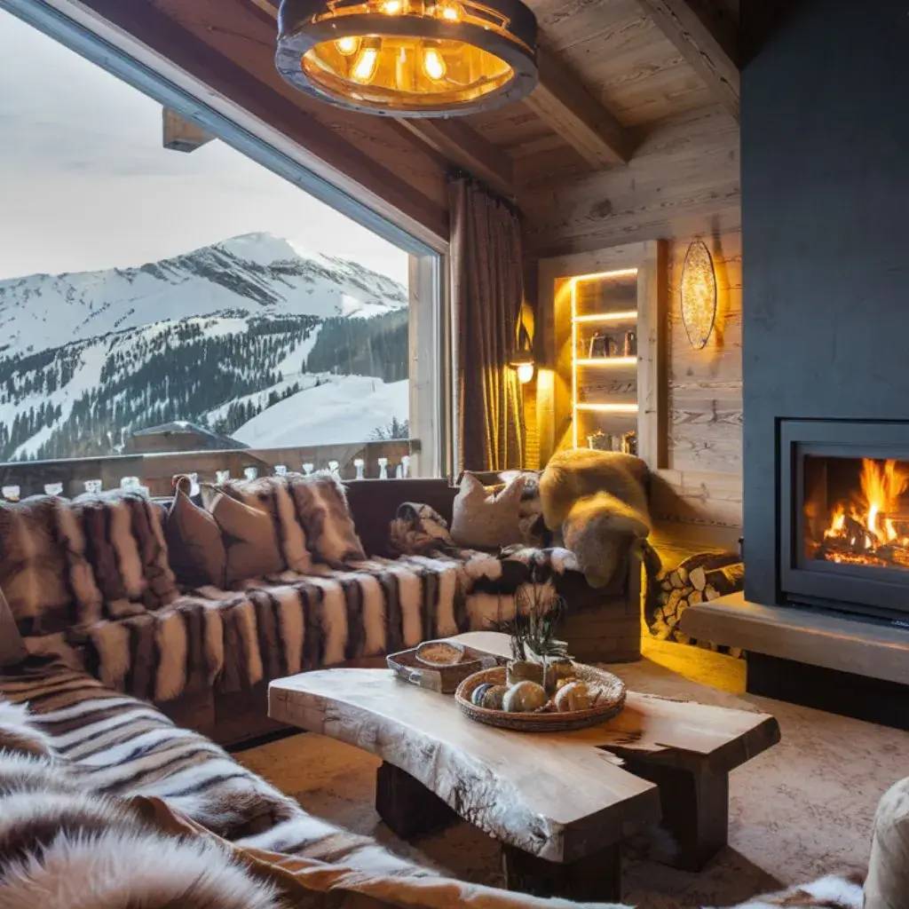 Un salon chaleureux en bois avec une cheminée, des canapés recouverts de fourrure et une vue imprenable sur les montagnes enneig