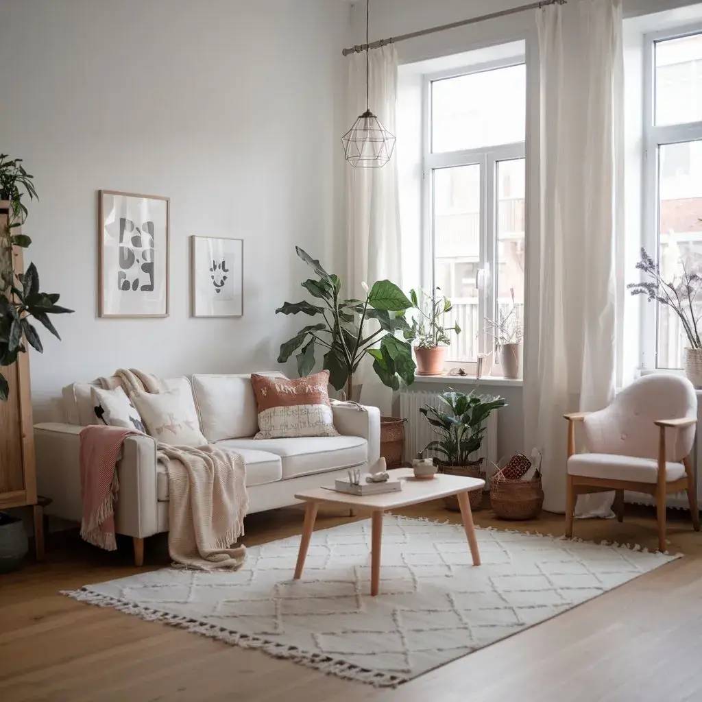 Un salon lumineux et moderne avec un canapé blanc, des plantes vertes, et des accents décoratifs en bois et beige.