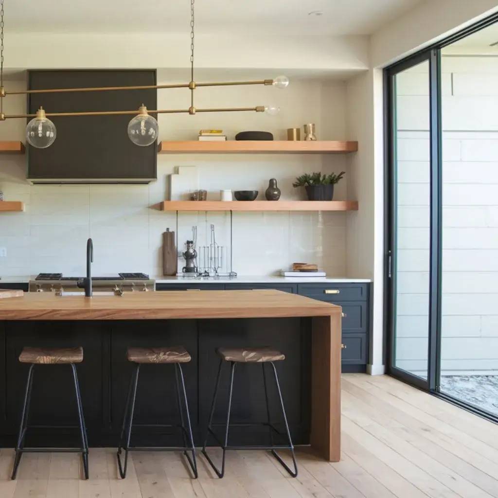 Une cuisine moderne avec un îlot central en bois, des tabourets design, des étagères murales et un éclairage élégant.