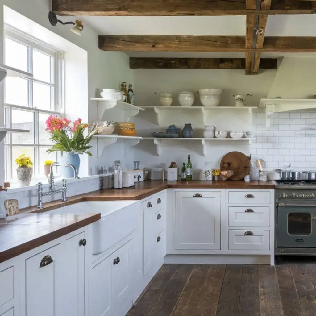 Cuisine rustique et lumineuse avec des éléments en bois, des étagères ouvertes et des appareils modernes.