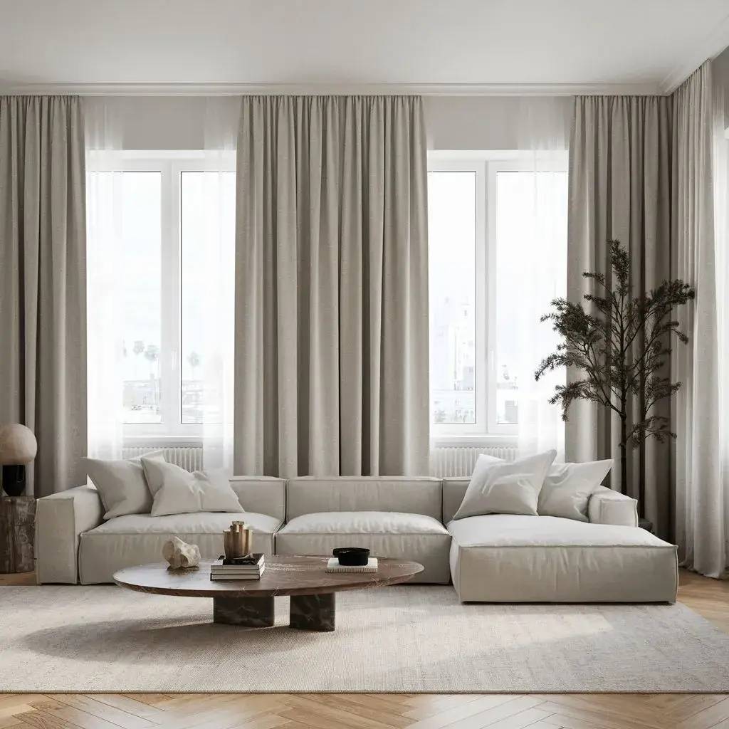 Un salon lumineux et moderne avec un canapé beige, une table basse en bois et de grandes fenêtres encadrées de rideaux clairs.