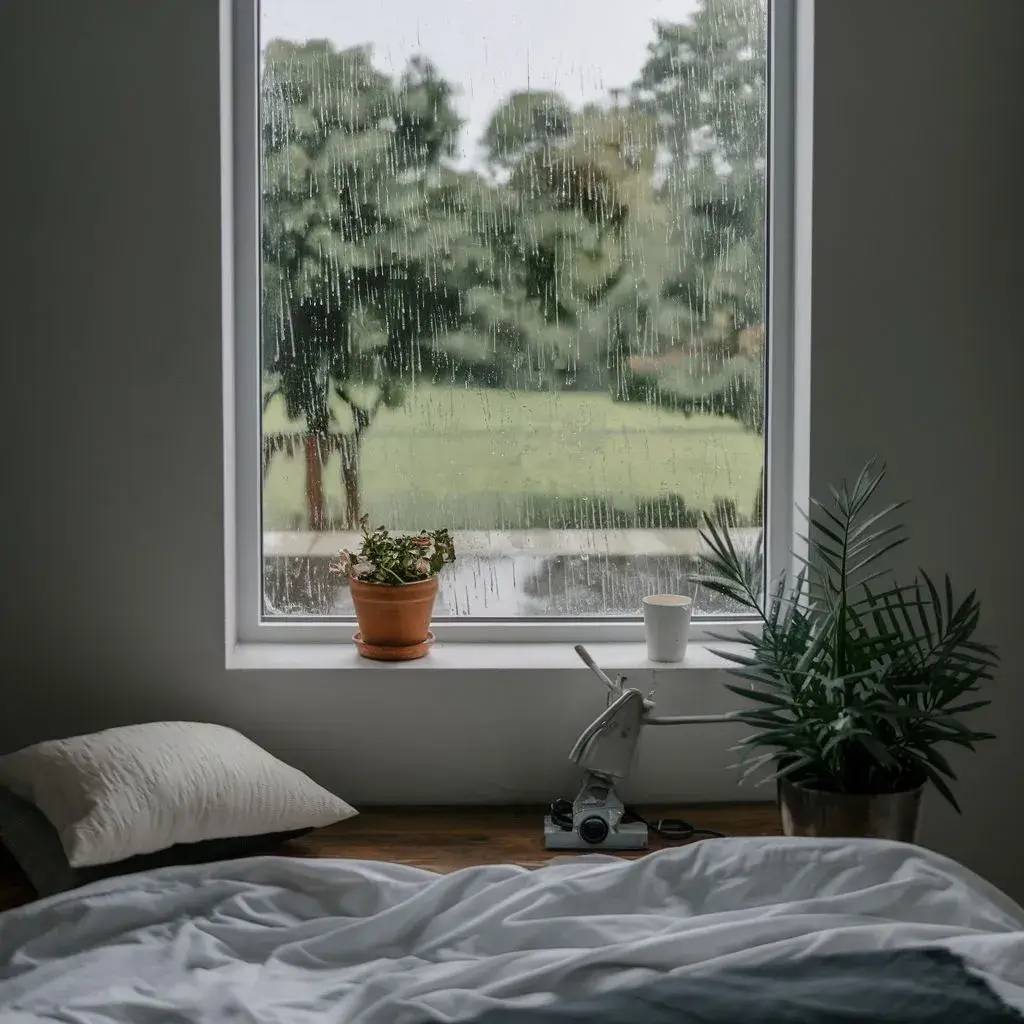 Une chambre confortable avec une fenêtre donnant sur un jardin pluvieux, décorée avec des plantes et une tasse sur le rebord.