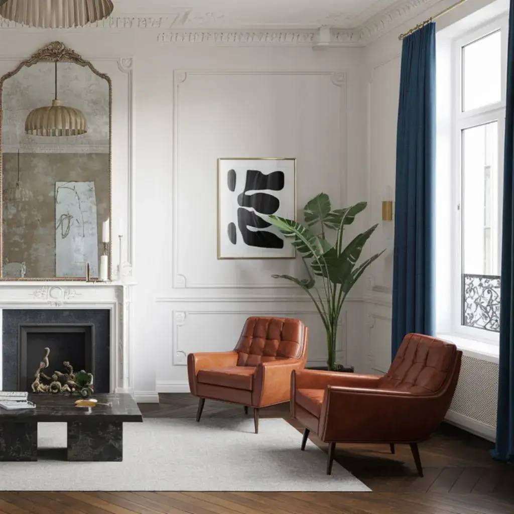 Un salon élégant avec des fauteuils en cuir marron, une cheminée ornée d'un grand miroir, et une décoration moderne dans un cadre lumineux.