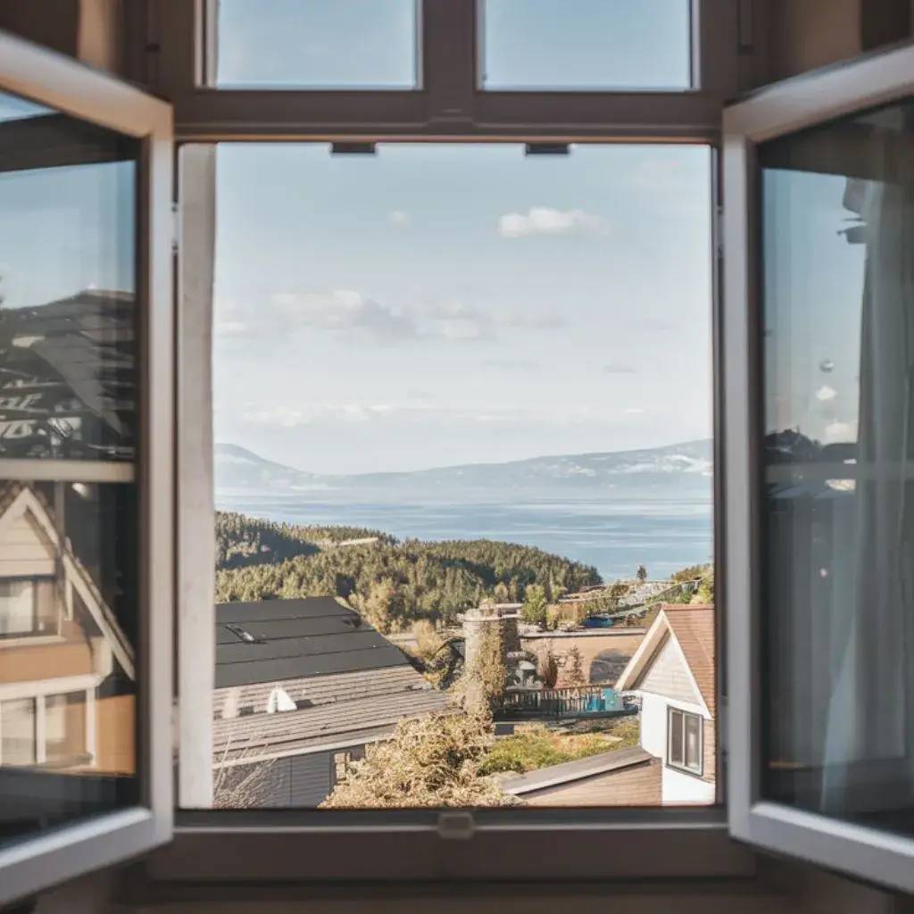 Vue magnifique d'une fenêtre ouverte sur un paysage côtier vallonné avec la mer et les montagnes à l'horizon.