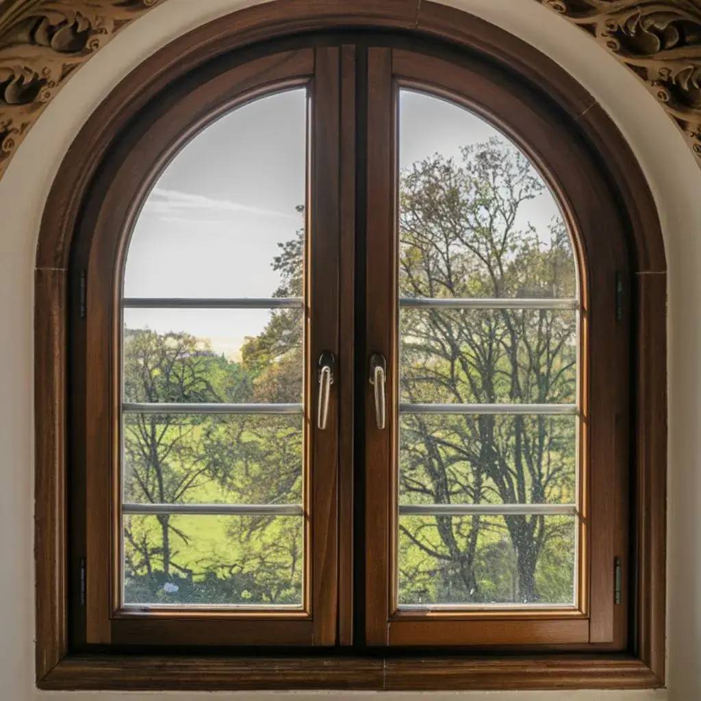 Une fenêtre à arche en bois offre une vue sur un paysage verdoyant avec des arbres.