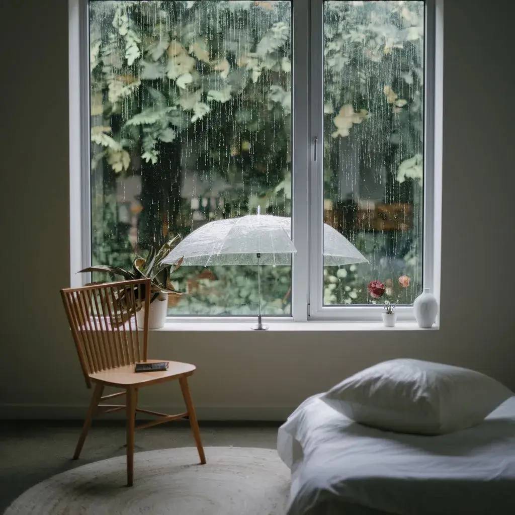 Une chambre paisible avec un fauteuil en bois et un lit, donnant sur une grande fenêtre où la pluie tombe doucement, révélant un parapluie