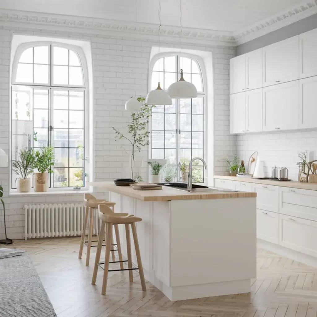 Cuisine moderne lumineuse avec des fenêtres cintrées, îlot central en bois clair et décoration végétale.
