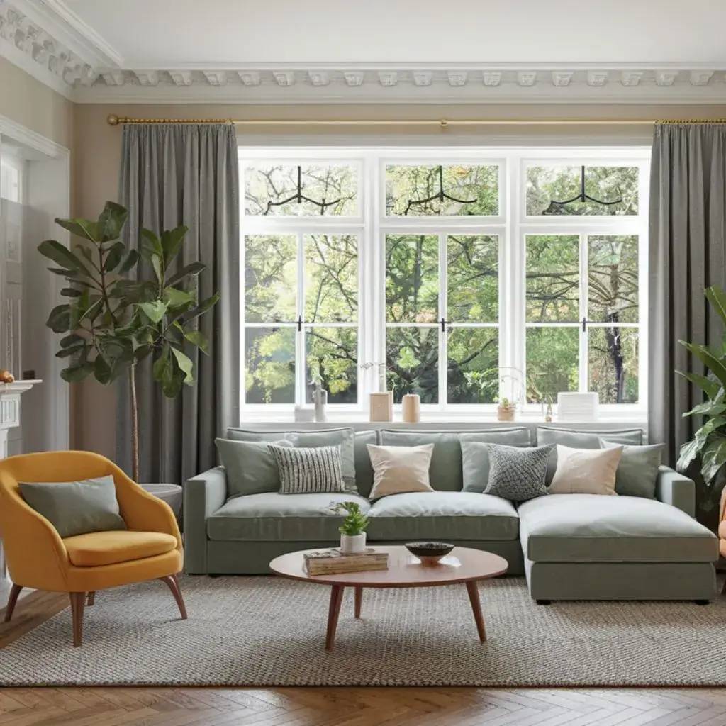 Un salon lumineux et élégant avec un canapé vert pastel, un fauteuil jaune, et une grande fenêtre laissant entrer la lumière naturelle.