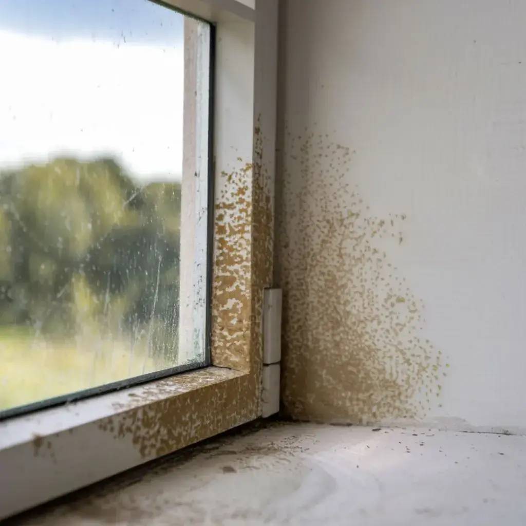 Fenêtre avec des signes de moisissure et de condensation sur le cadre intérieur.