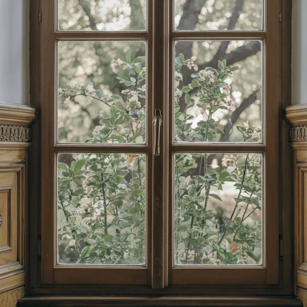 Vue bucolique à travers une fenêtre en bois classique, encadrant des branches fleuries et un arrière-plan verdoyant.