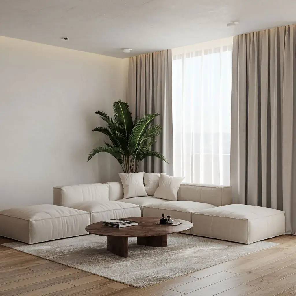 Un salon lumineux et minimaliste avec un canapé blanc en forme de L, une table basse ronde en bois et une plante d'intérieur, baigné de