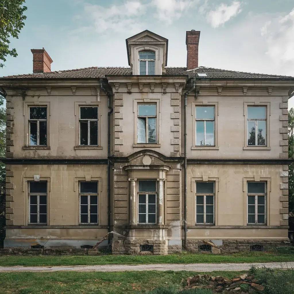 Façade d'un vieux manoir en pierre avec des fenêtres symétriques et un toit en tuiles, entouré de verdure.