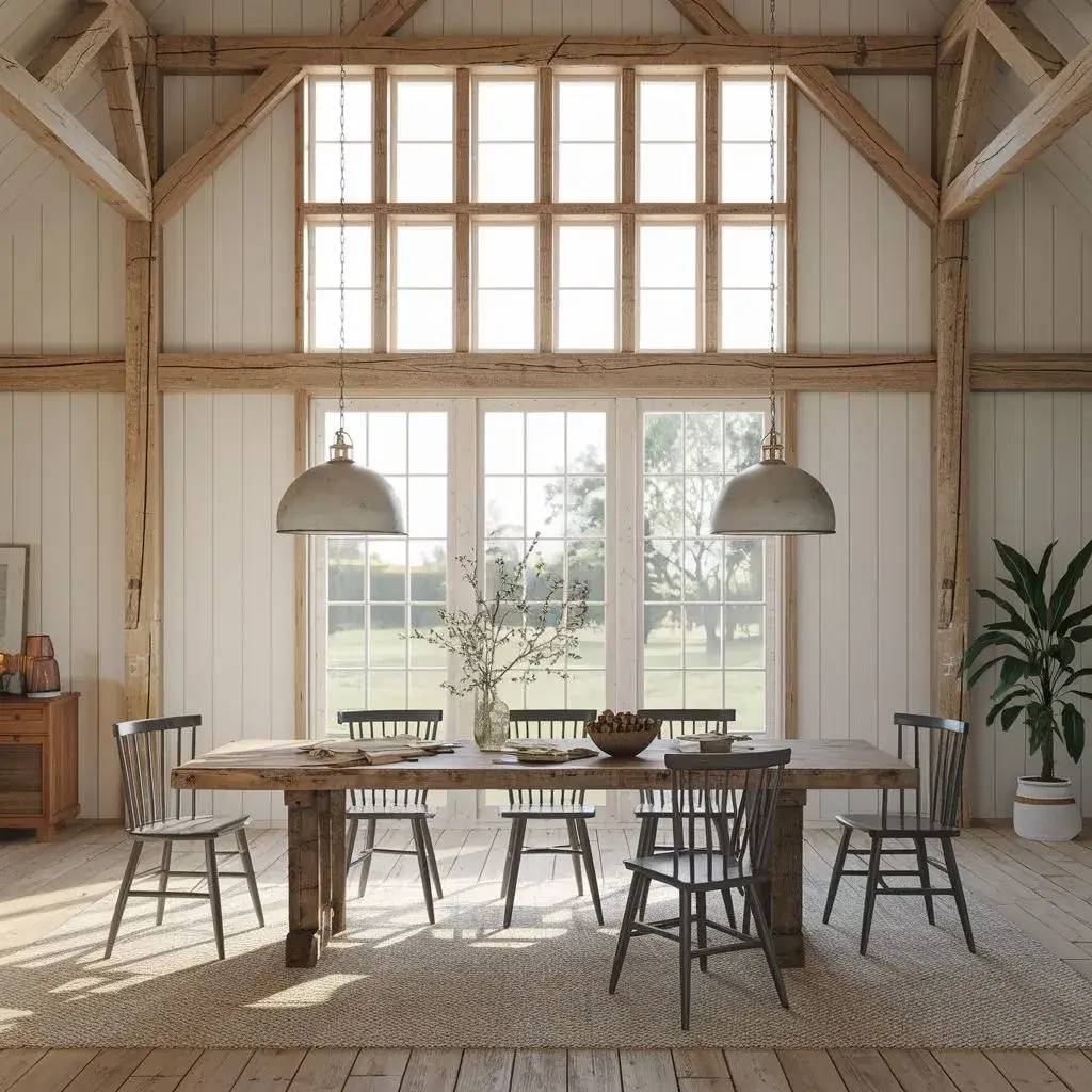 Salle à manger lumineuse de style rustique avec de grandes fenêtres, une table en bois massif et des chaises en bois, décorée avec des