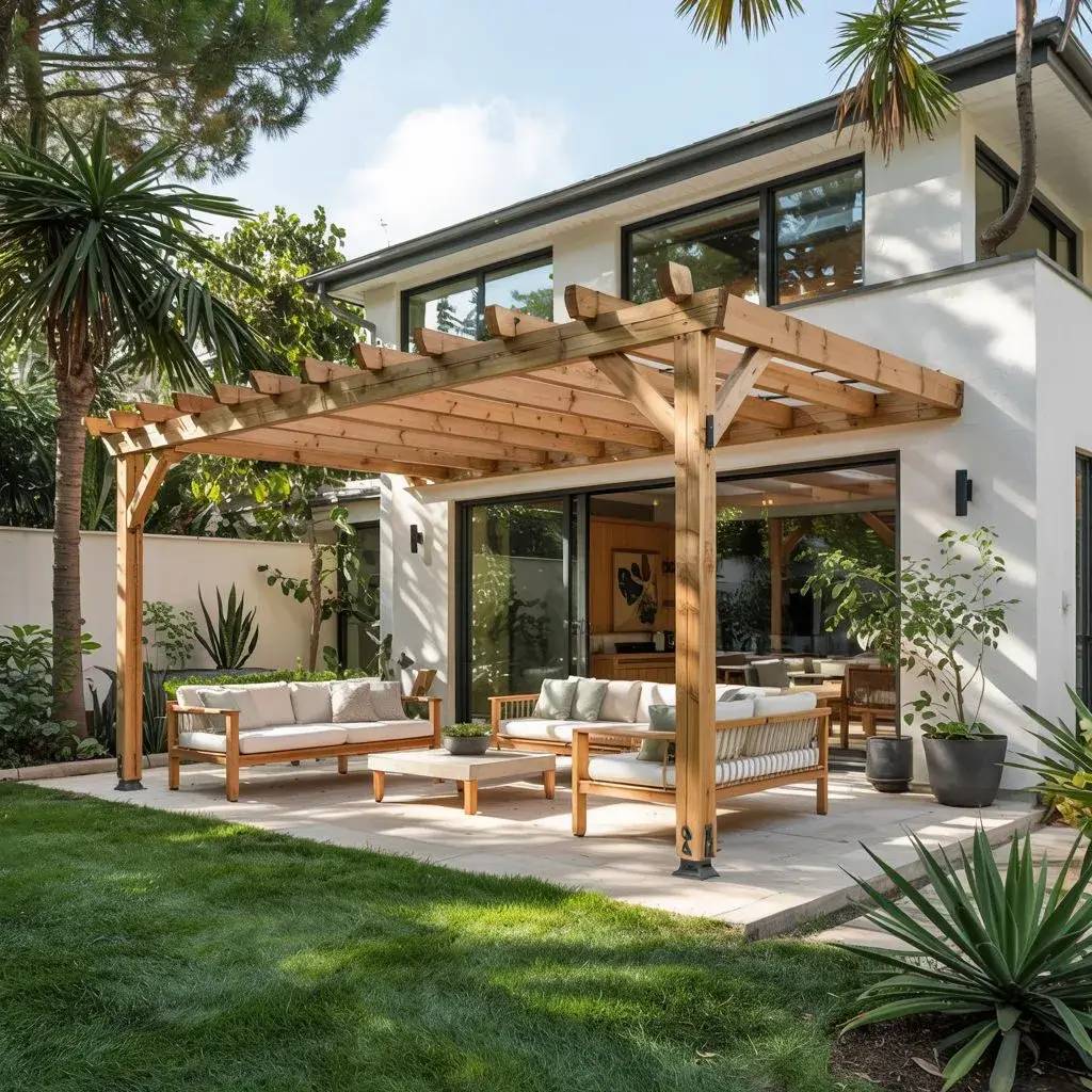 Cette image montre une terrasse moderne avec une pergola en bois, des meubles de jardin confortables et un jardin verdoyant devant une maison contemporaine.