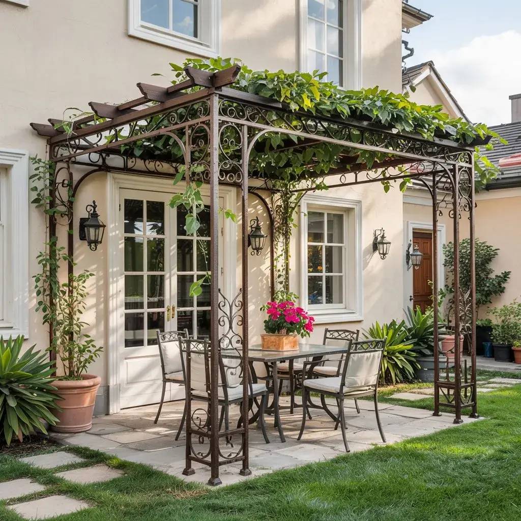 Une charmante pergola en métal ornée de vignes ombrage une terrasse accueillante avec des fauteuils et une table, entourée de