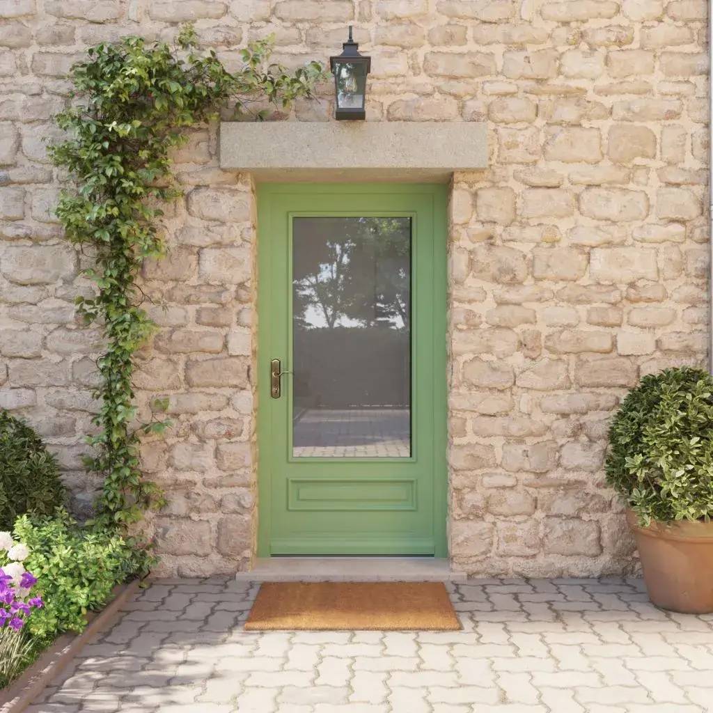 Porte d'entrée vert menthe dans un mur en pierre, agrémentée de plantes grimpantes et d'un pot de fleurs sur un sol