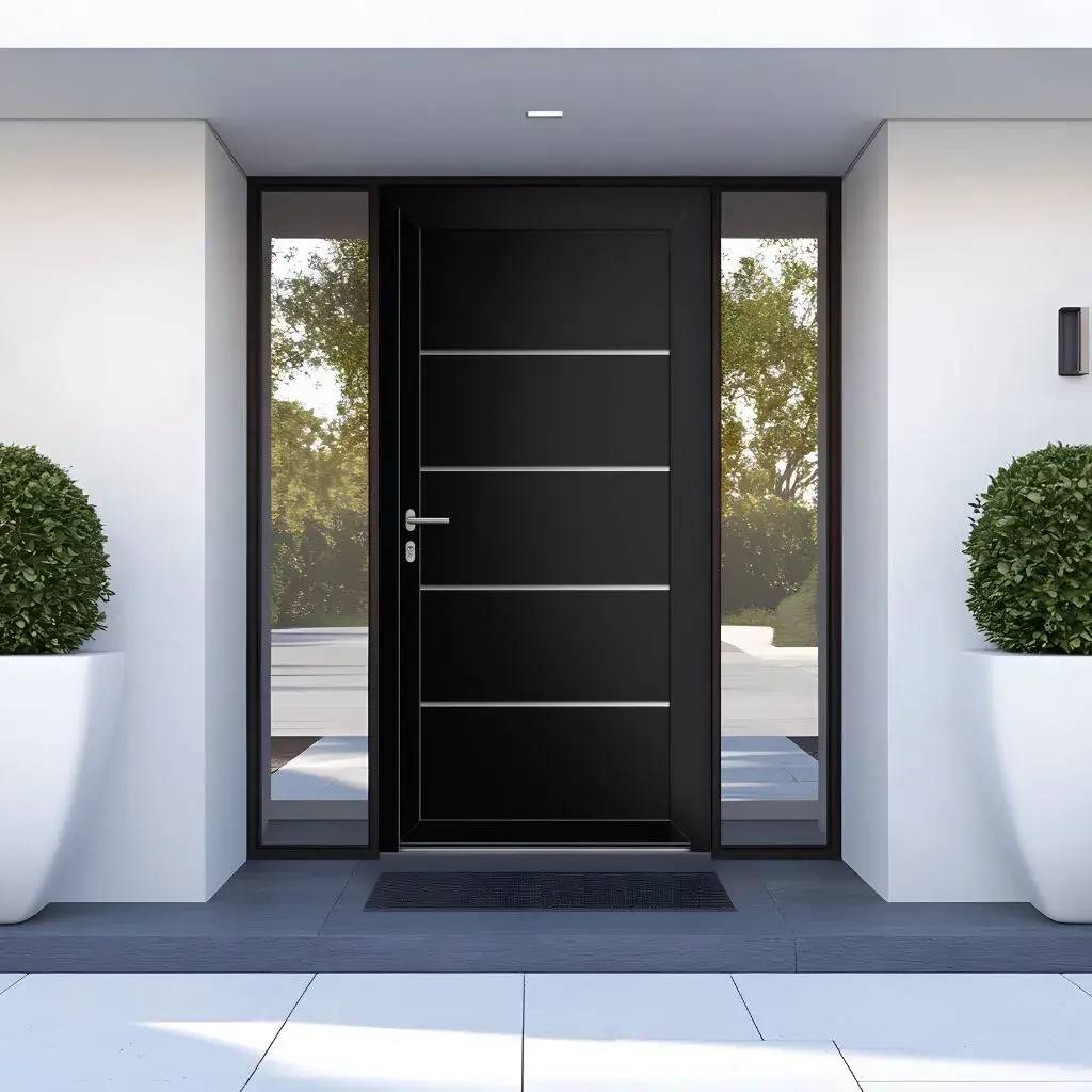 Porte d'entrée moderne noire avec vitrage, encadrée de plantes en pot et de murs blancs.