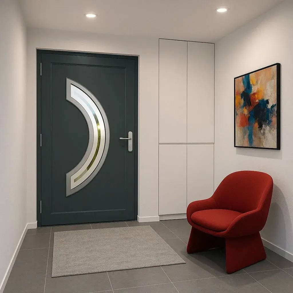 Un hall d'entrée moderne avec une porte design, un tableau coloré et un fauteuil rouge.