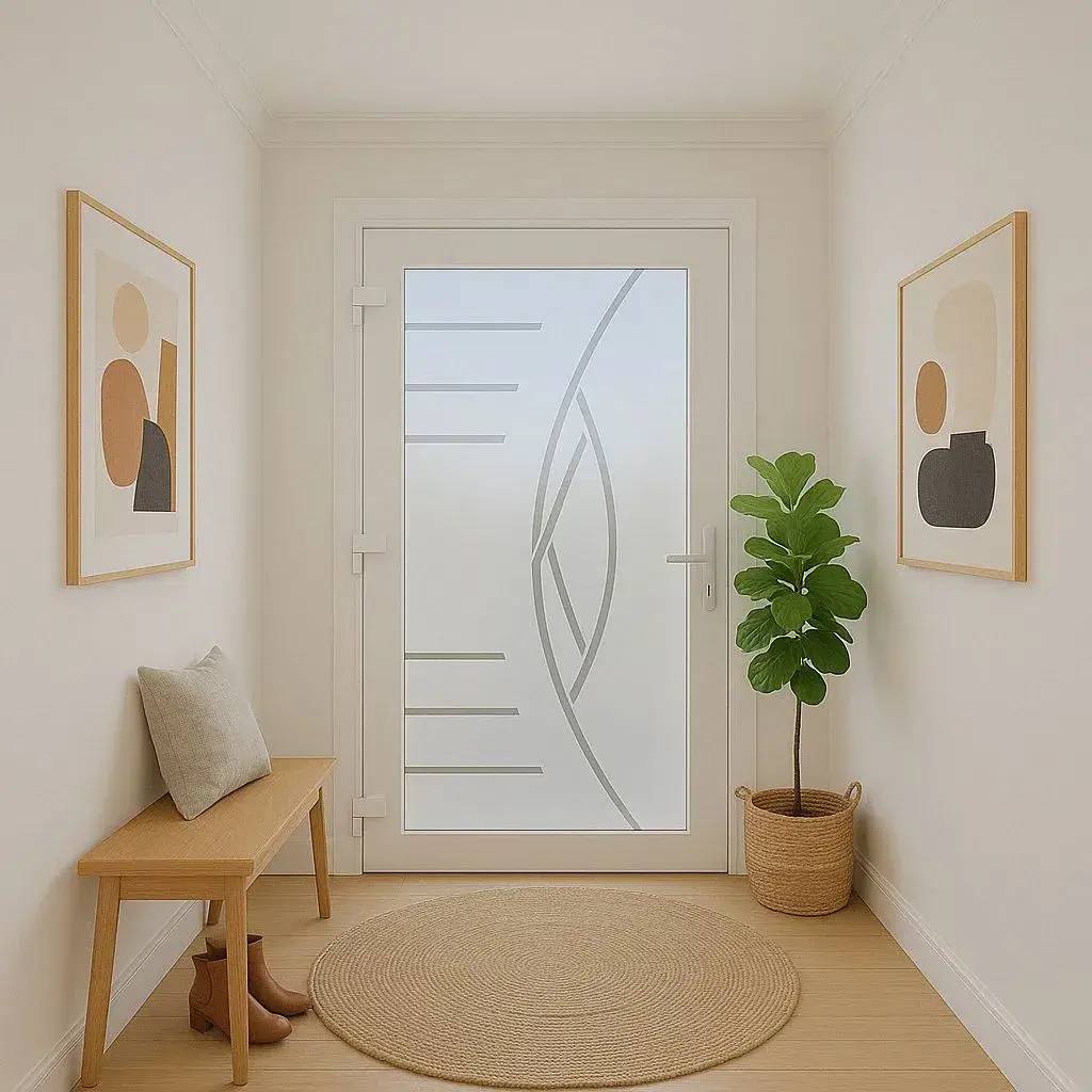 Un hall d'entrée moderne et minimaliste avec une porte vitrée décorative, un banc en bois, une plante en pot et des illustrations abstraites