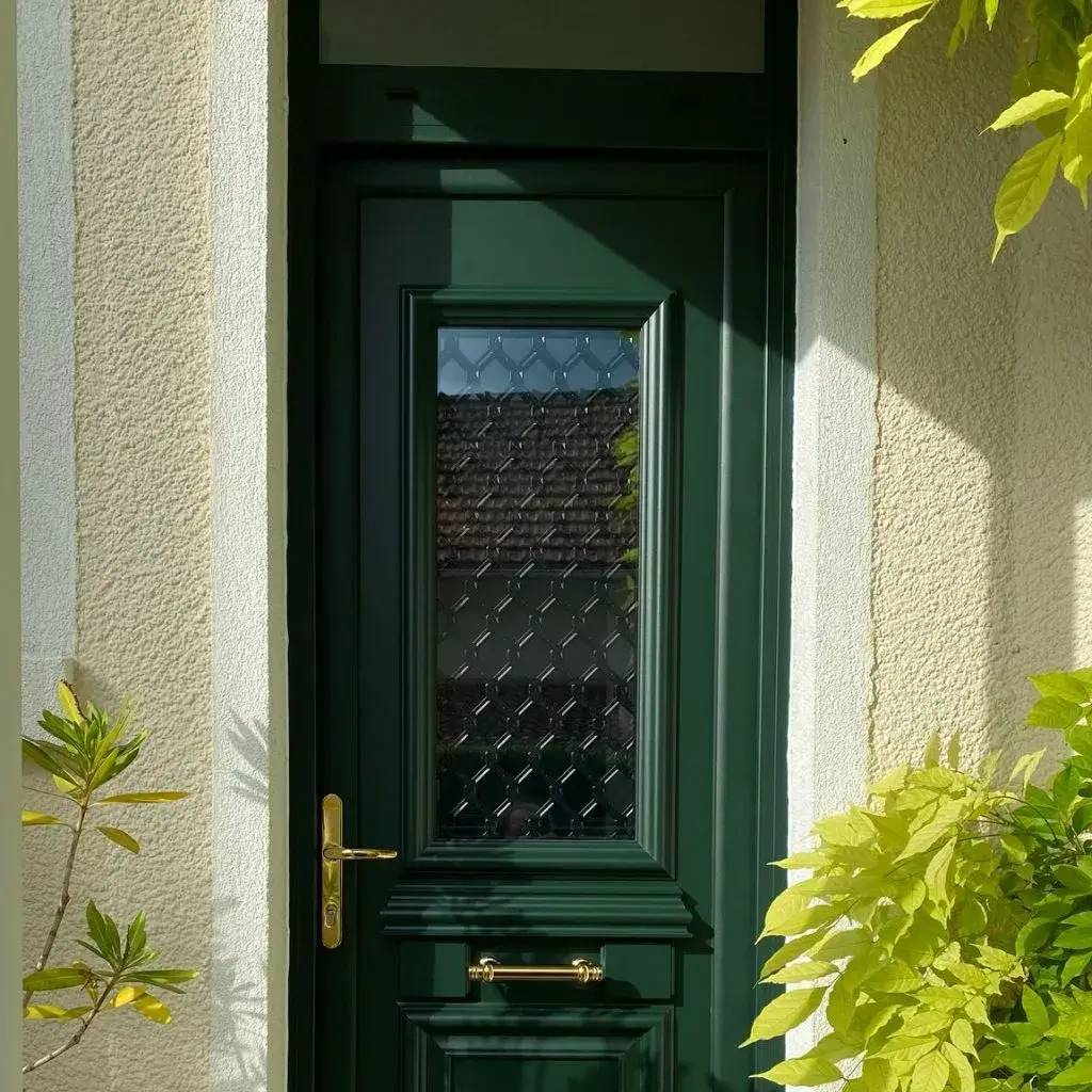 Une porte d'entrée verte avec une petite fenêtre en verre orné, entourée de feuillage et de murs aux tons clairs.