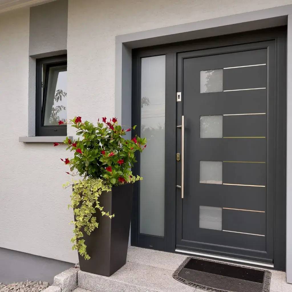 Porte d'entrée moderne en acier gris avec inserts vitrés, flanquée d'une jardinière noire remplie de fleurs rouges et de feu