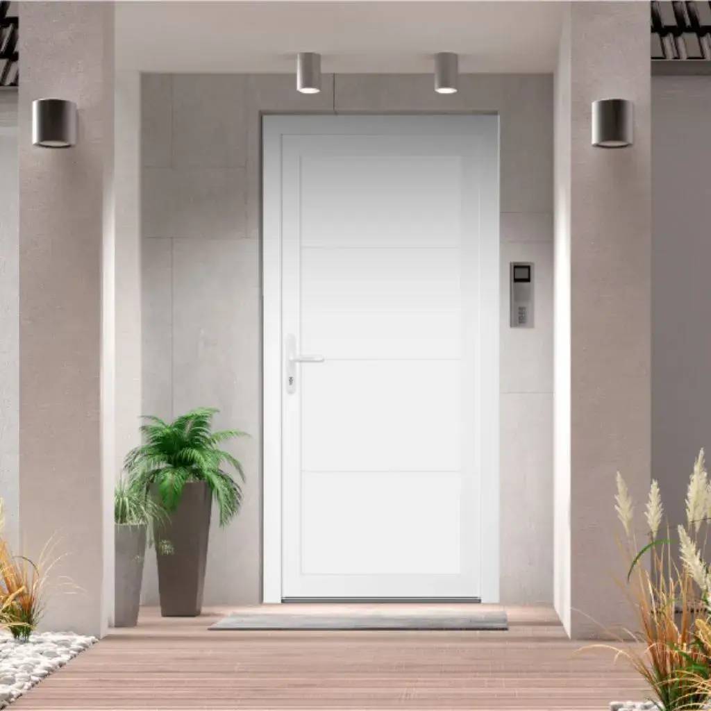 Entrée moderne avec porte blanche, éclairage intégré, plantes décoratives et interphone.