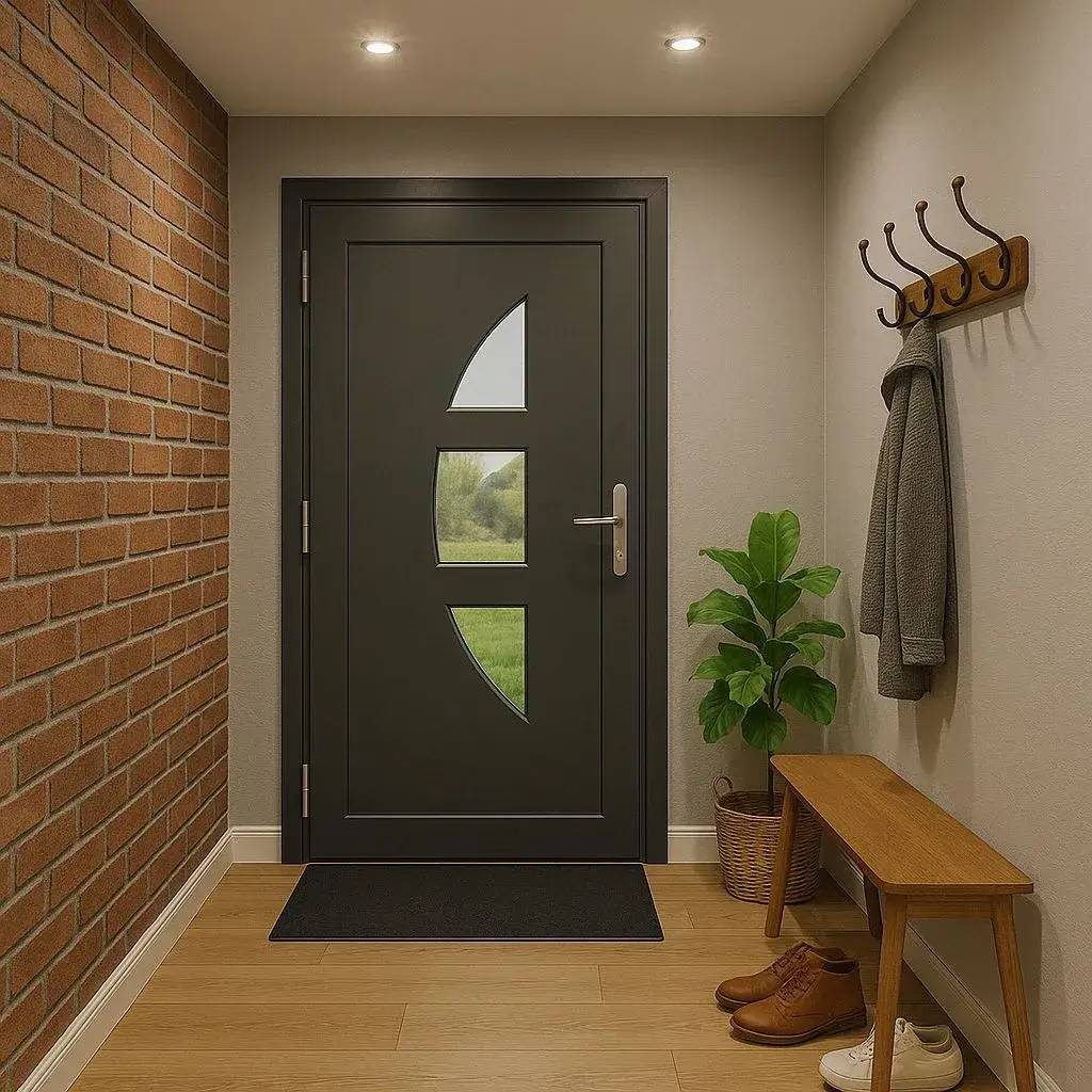 L'entrée accueillante présente une porte moderne avec des fenêtres géométriques, des murs texturés en briques, un banc en bois et une